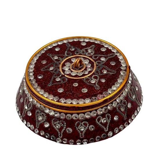 Unbranded Other - Trinket Round Jewelry Box Maroon Gold Tones Rhinestone Jeweled